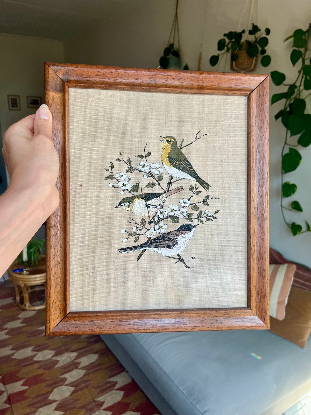 Vintage handgeschilderde vogels op stof in houten lijst, Dieren, Ophalen of Verzenden, Handgeschilderd, Vintage