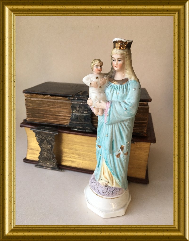 Antiek biscuit porseleinen Maria met kind beeldje, Ophalen of Verzenden