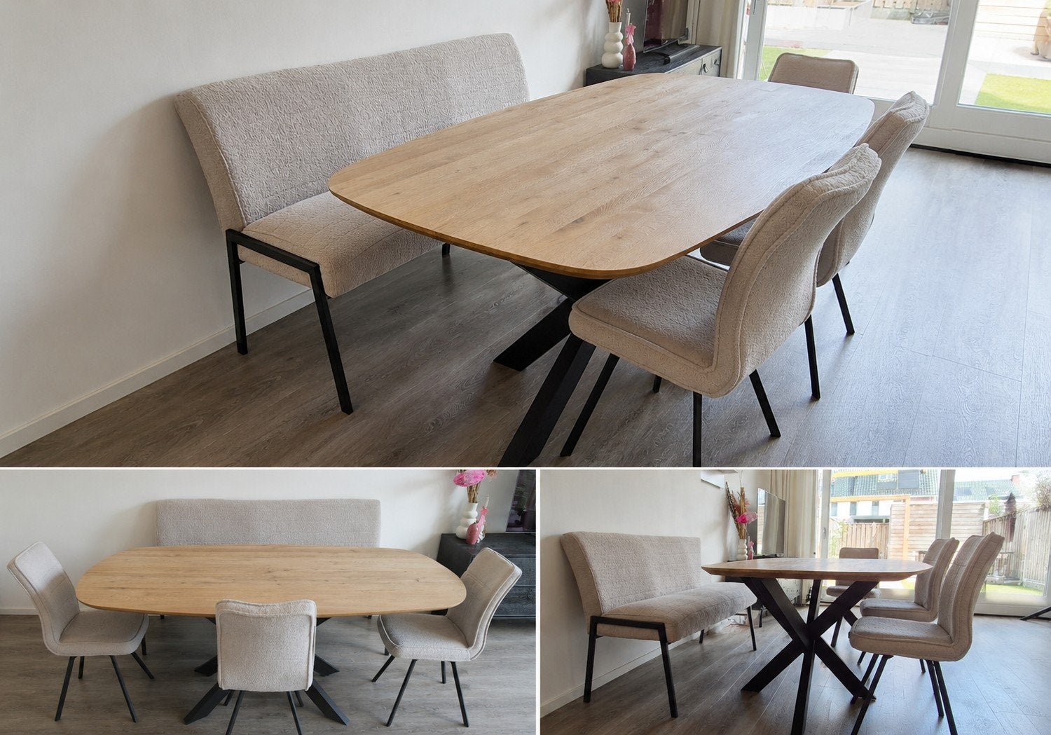Deens ovale eethoek | Tafel + 3 stoelen + zitbank, Ophalen, 100 tot 150 cm, Scandinavisch en Industrieel, Eikenhout