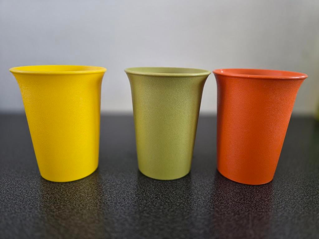 Vintage Tupperware bekers set van 3, Ophalen of Verzenden, Gebruikt, Groen, Beker of Kan