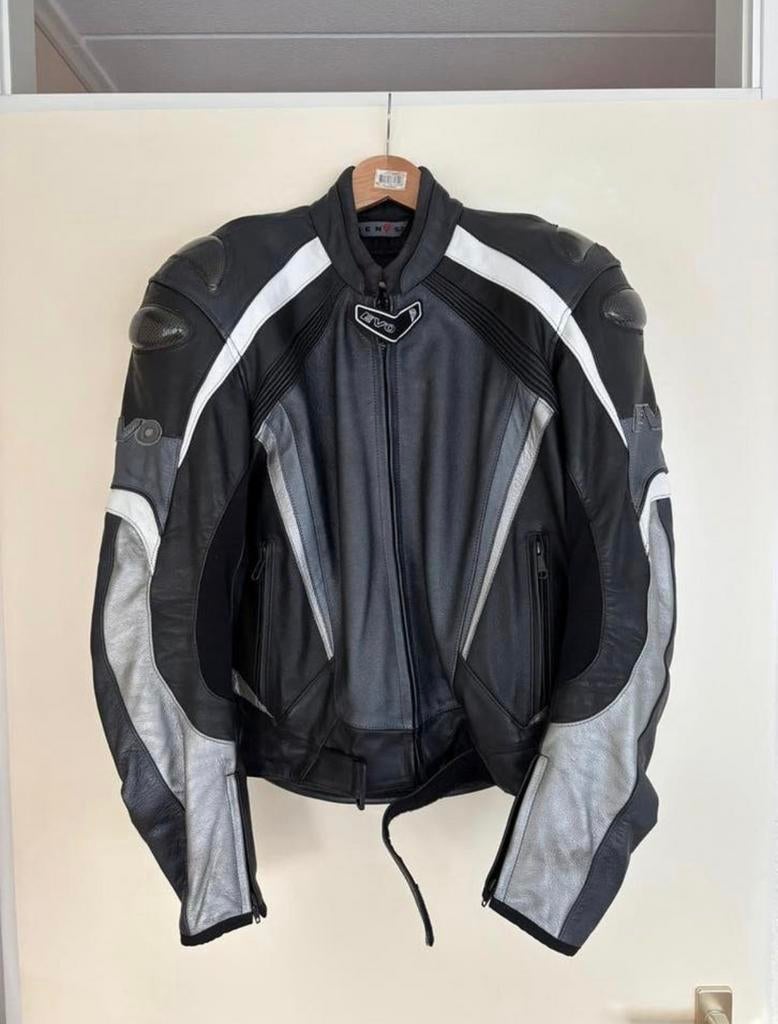 Leren motorjas, maat 52 - Zwart/Grijs/Wit, Ophalen, Tweedehands, Heren, Jas | leer