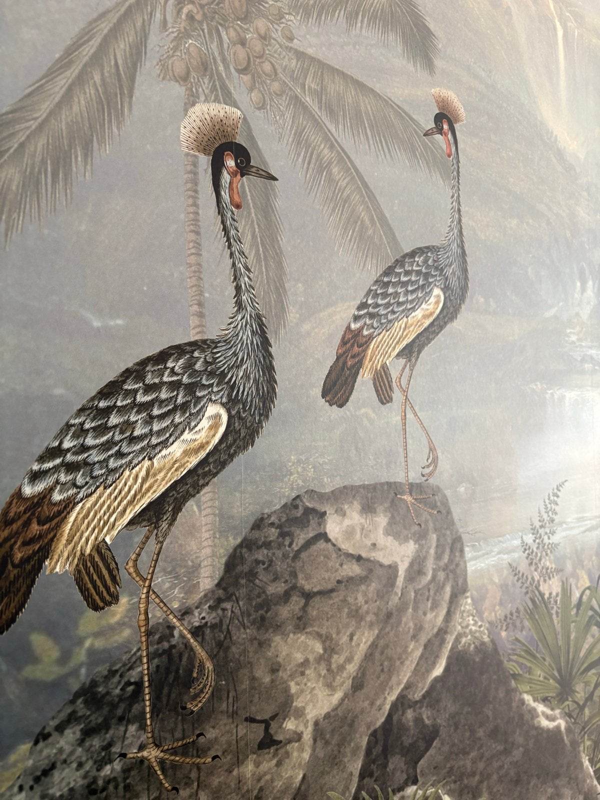 Jungle schilderij met kraanvogels en apen, Oorspronkelijke maker, Ophalen of Verzenden, Zo goed als nieuw, Schilderij