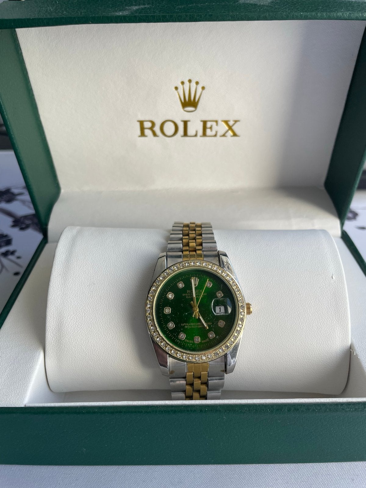 Rolex horloge met groene wijzerplaat en diamanten, Sieraden, Tassen en Uiterlijk, Horloges | Heren, Polshorloge, Ophalen of Verzenden
