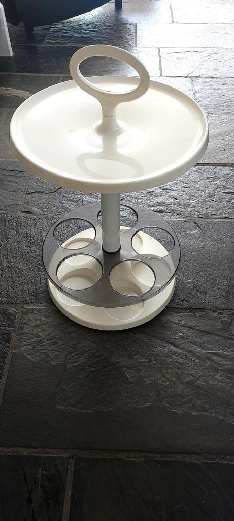 Retro Drankentafeltje - Wit Kunststof met fleshouder, 45 tot 60 cm, Gebruikt, Retro, Vintage, Mid-century, Rond