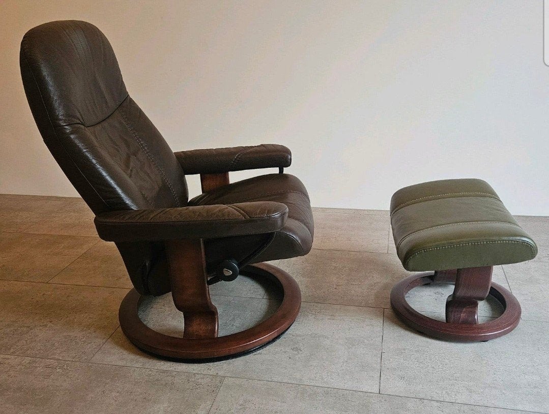 Stressless fauteuil met voetenbank - Bruin leer, Ophalen, Gebruikt, Bruin, Modern comfort