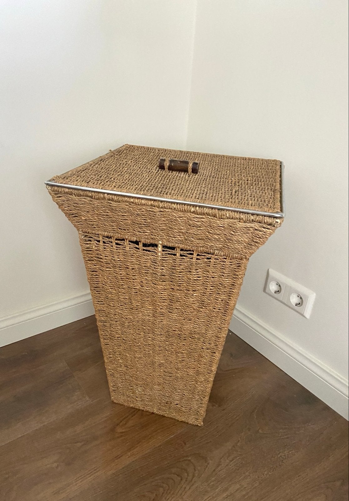 Vintage rieten wasmand met deksel - landelijk/boho, Ophalen, Overige materialen, Gebruikt, Mand
