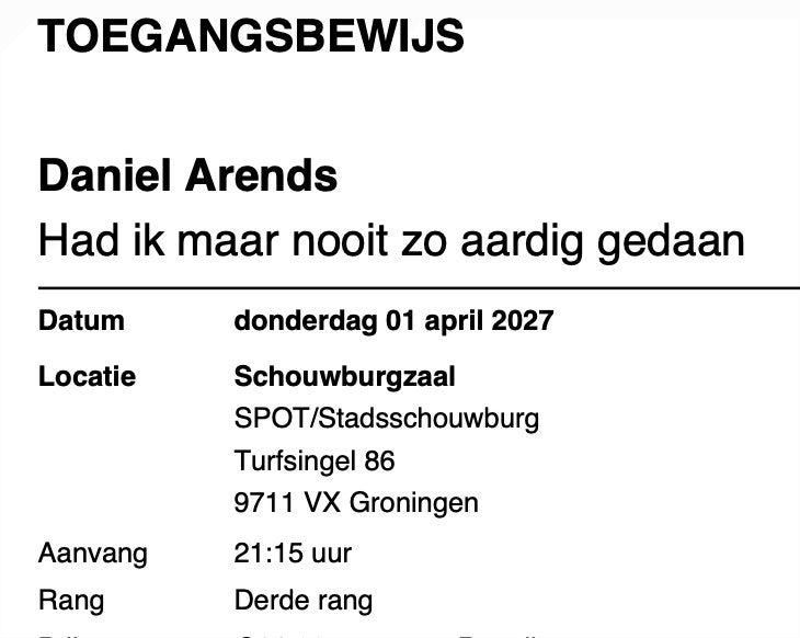 2x Daniel Arends Tweede Show 1 April 2027 21:15, Twee personen, April
