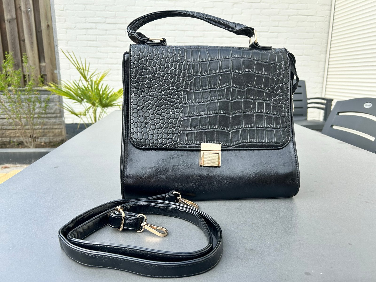 Yewang Damestas Zwart PU-leer Croco Print Zo Goed Als Nieuw, Ophalen of Verzenden, Zo goed als nieuw, Zwart, Handtas