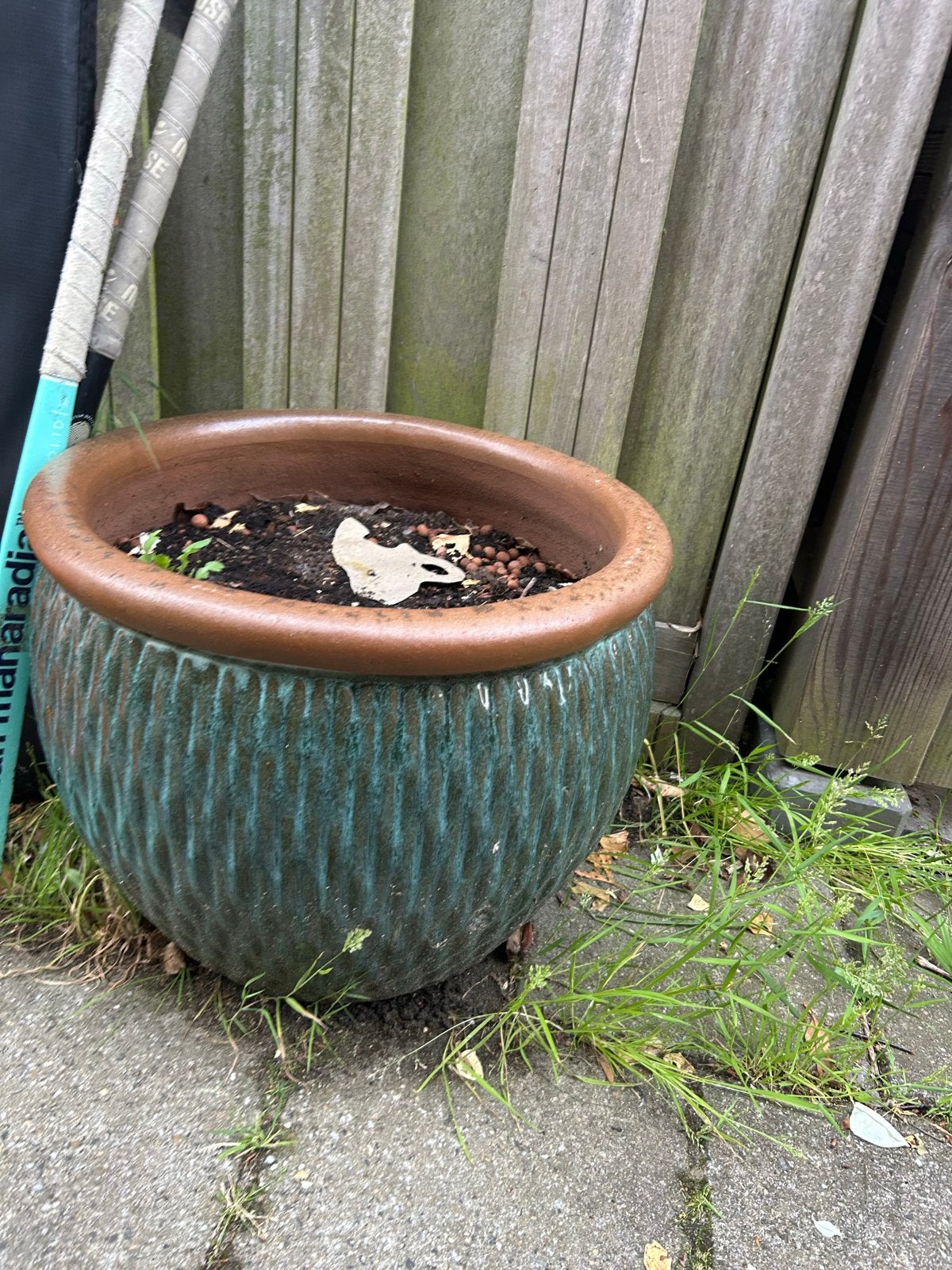 Grote groene bloempot met bruine rand, Tuin en Terras, Bloempotten, Ophalen, Gebruikt, 40 cm of meer, Rond