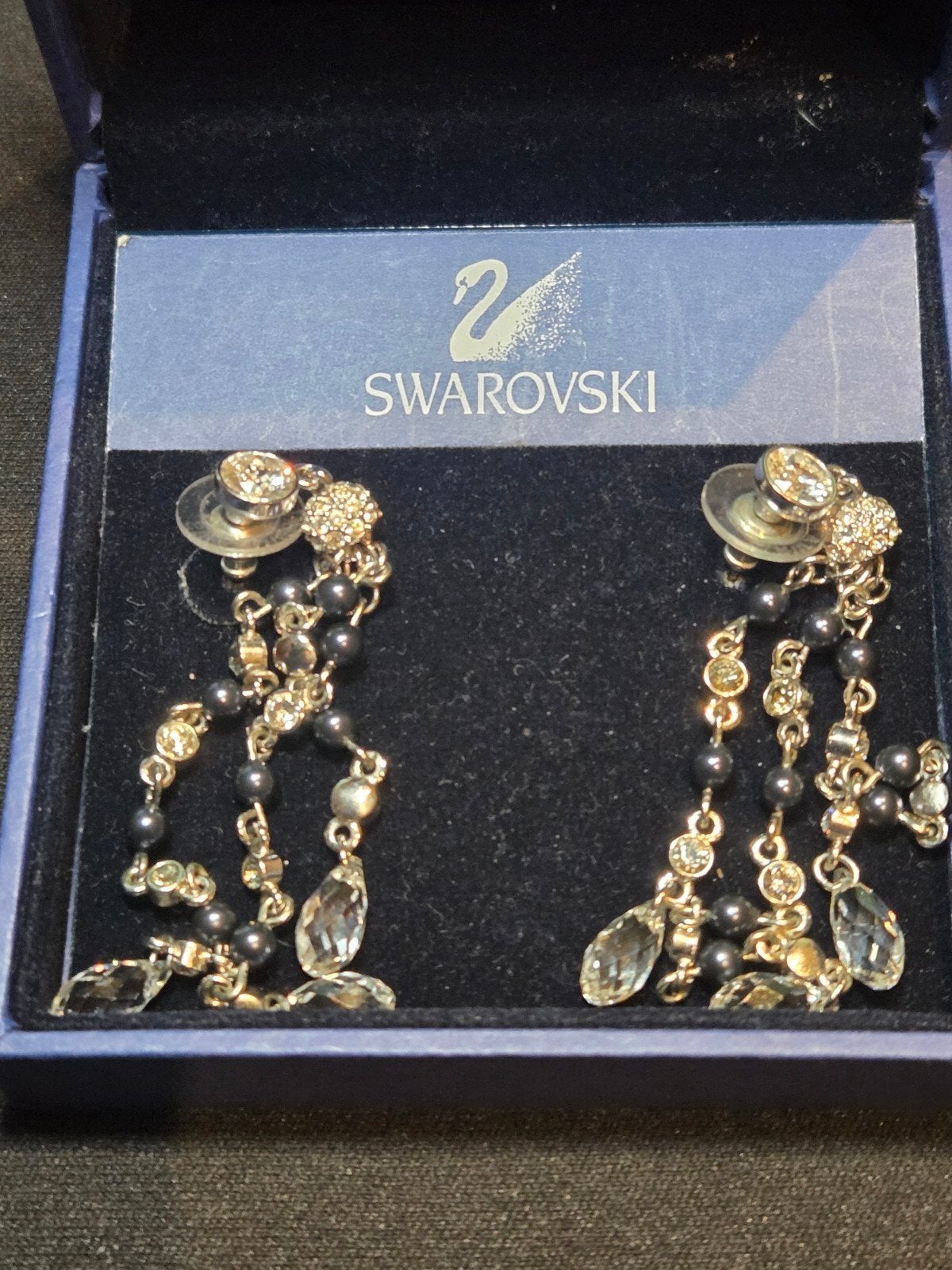 Swarovski lange oorbellen kristal parels + originele doos, Met kristal, Ophalen of Verzenden, Zilver, Zilver