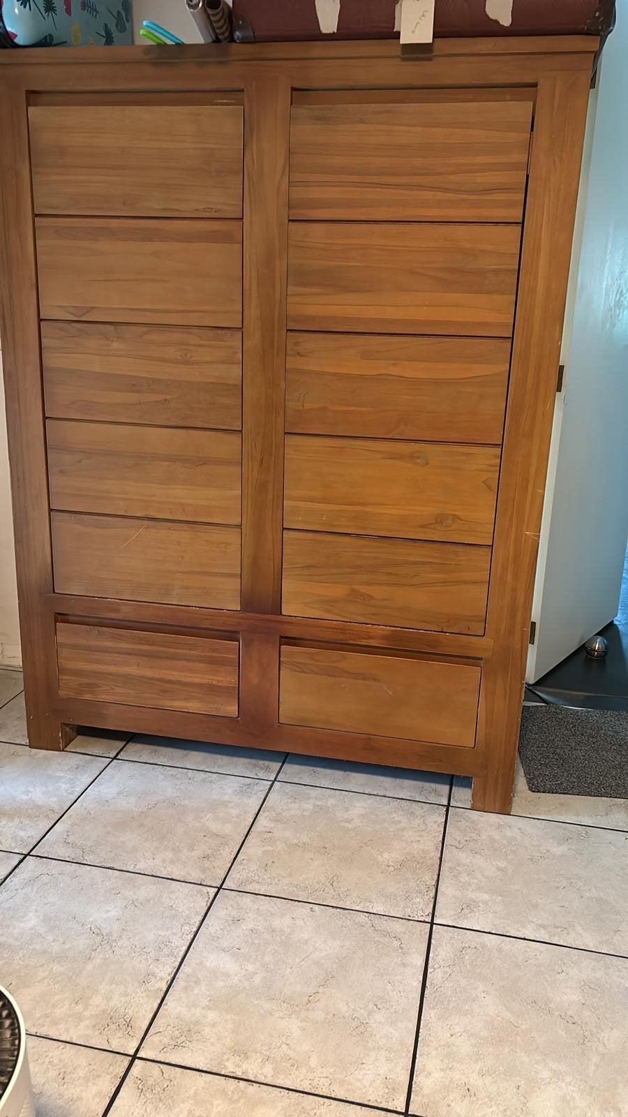 Massief Teakhouten Kast met Laden en Planken, Ophalen, Gebruikt, 100 tot 150 cm, Teakhout