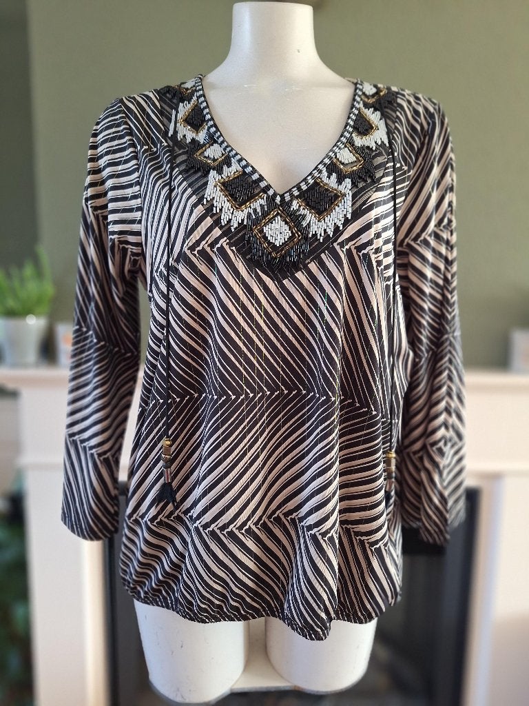 K-Design K design zwart beige top shirt XL, K-design, Verzenden, Zwart, Maat 46/48 (XL) of groter