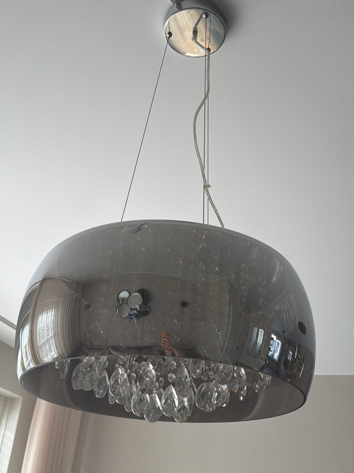 Moderne hanglamp met kristallen, rookglas, Ophalen of Verzenden, Zo goed als nieuw, Glas, E27 (groot)