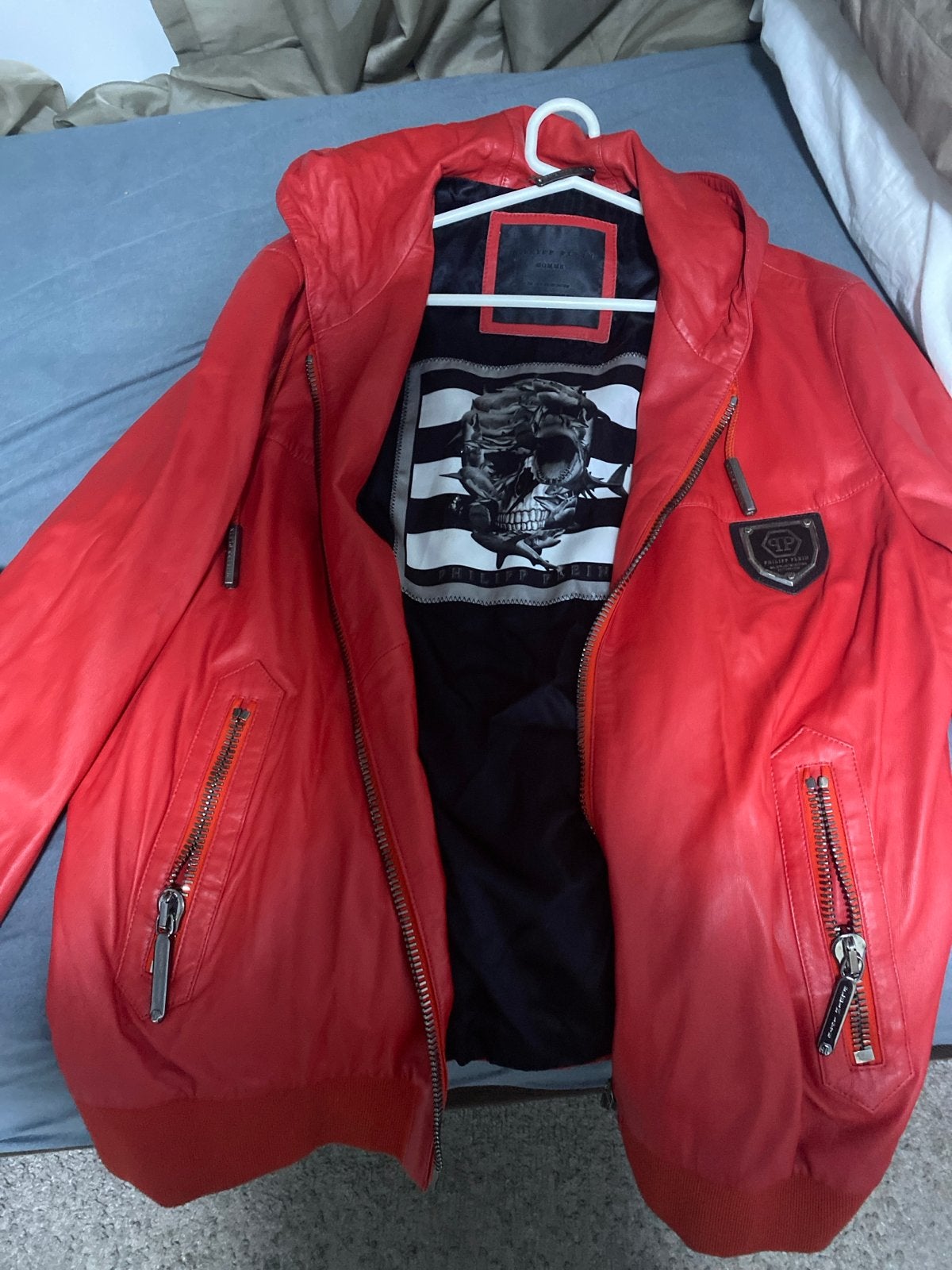 Philipp Plein Leren Jas - Rood met Skull Voering, Kleding | Heren, Ophalen of Verzenden, Zo goed als nieuw, Maat 56/58 (XL), Rood