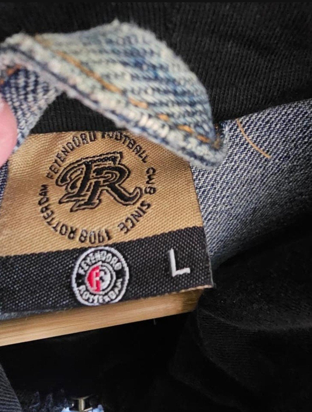 Feyenoord 010 Vintage Stijl Denim Spijkerjack Maat L, Maat 52/54 (L), Feyenoord 010, Blauw, Ophalen of Verzenden