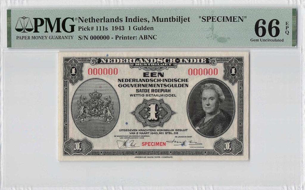 UNC specimen biljet 1 gulden Nederlands-Indië, 1943 | PMG 66, Postzegels en Munten, Bankbiljetten | Nederland, Ophalen of Verzenden