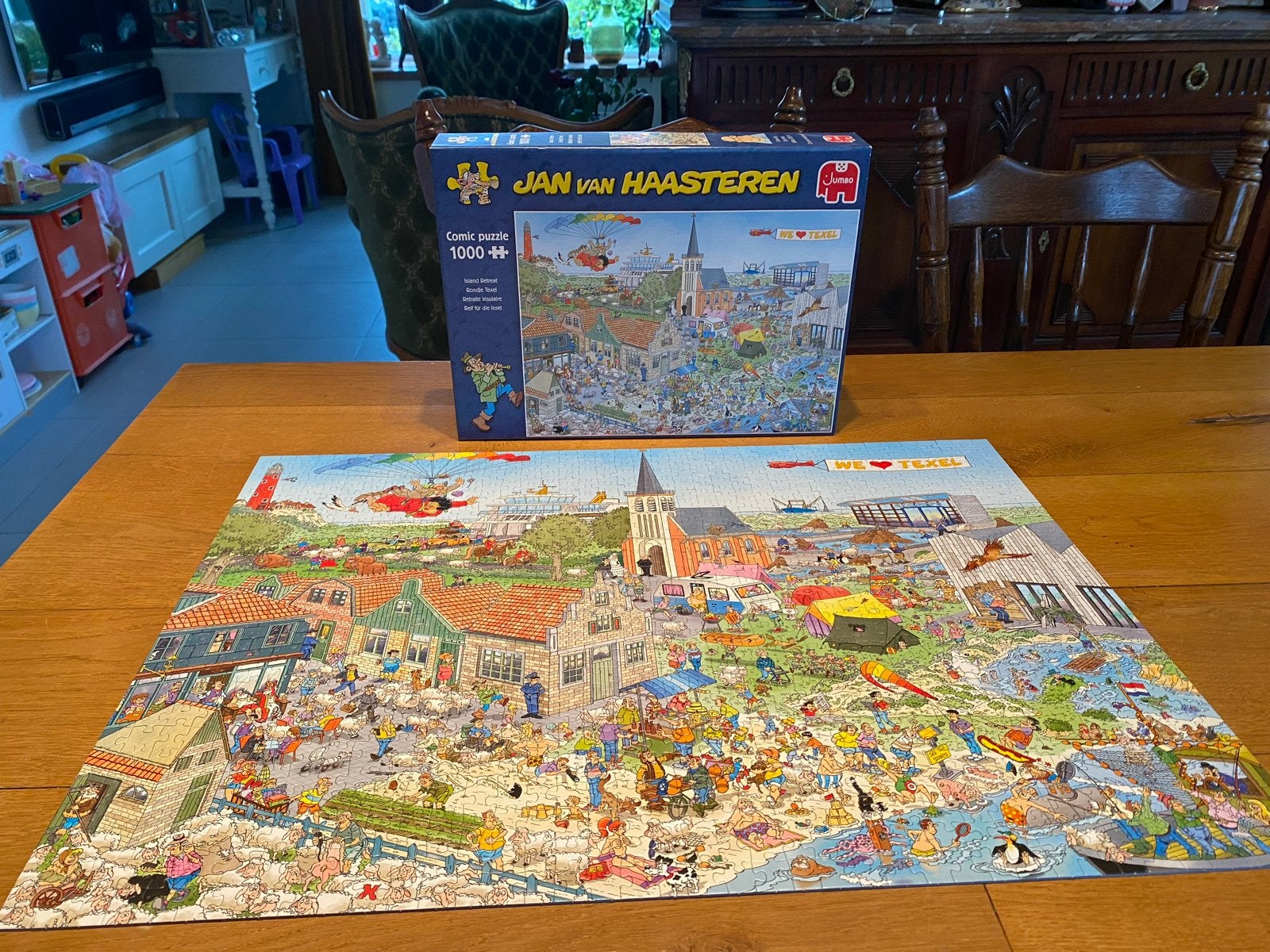 Jan van Haasteren puzzel 1000 stukjes - Rondje Texel, Ophalen of Verzenden, 500 t/m 1500 stukjes, Gebruikt, Legpuzzel