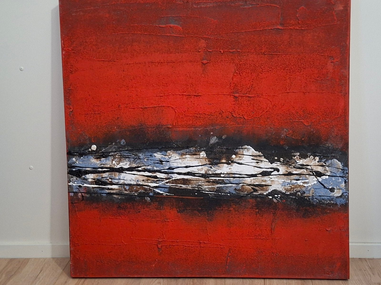 Abstract Schilderij Rood Zwart Wit - 80x80 cm, Ophalen of Verzenden