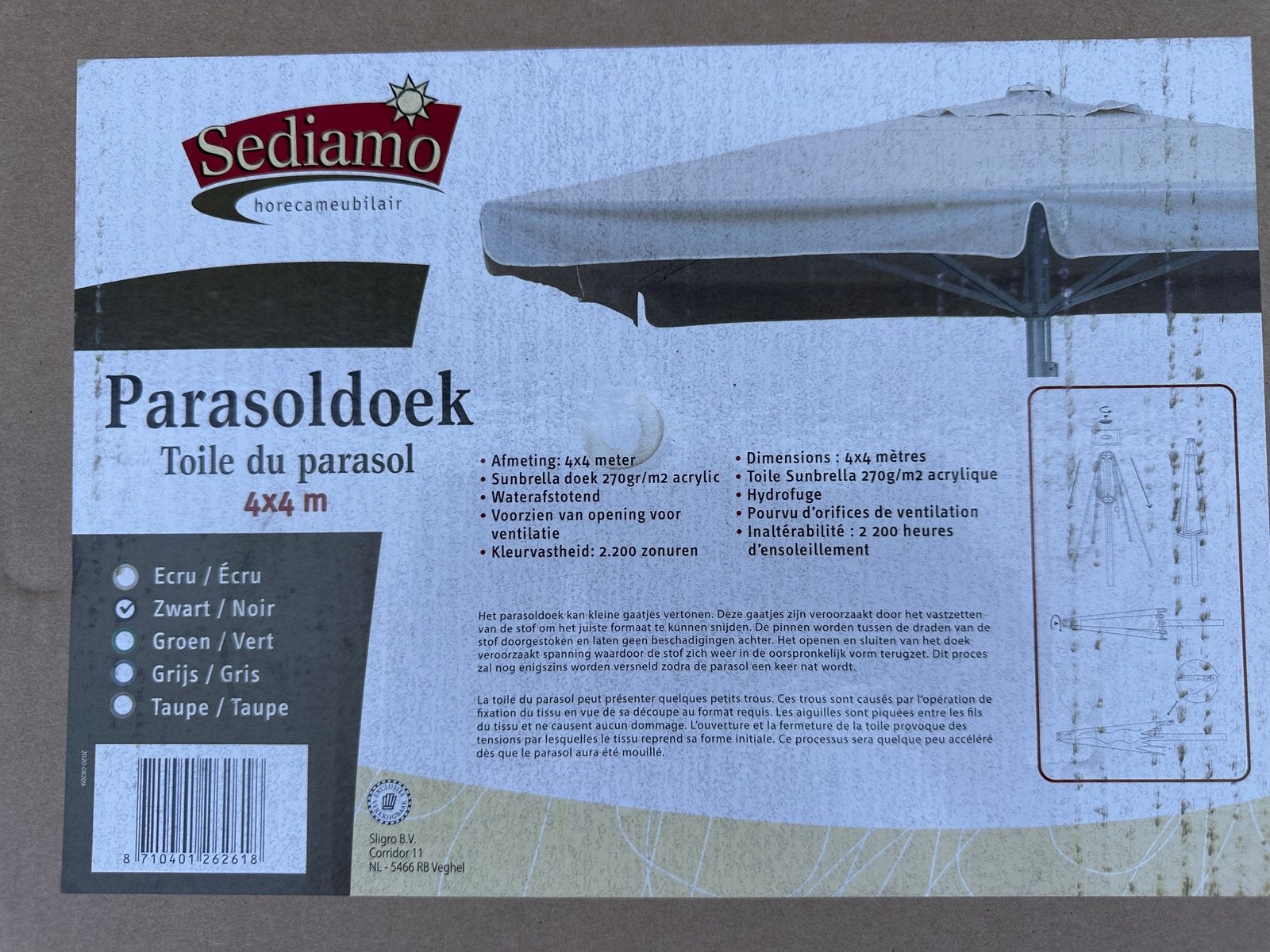 Parasoldoek Sediamo 4x4mtr - zwart, Tuin en Terras, Parasols, Ophalen, Nieuw, Meer dan 4 meter