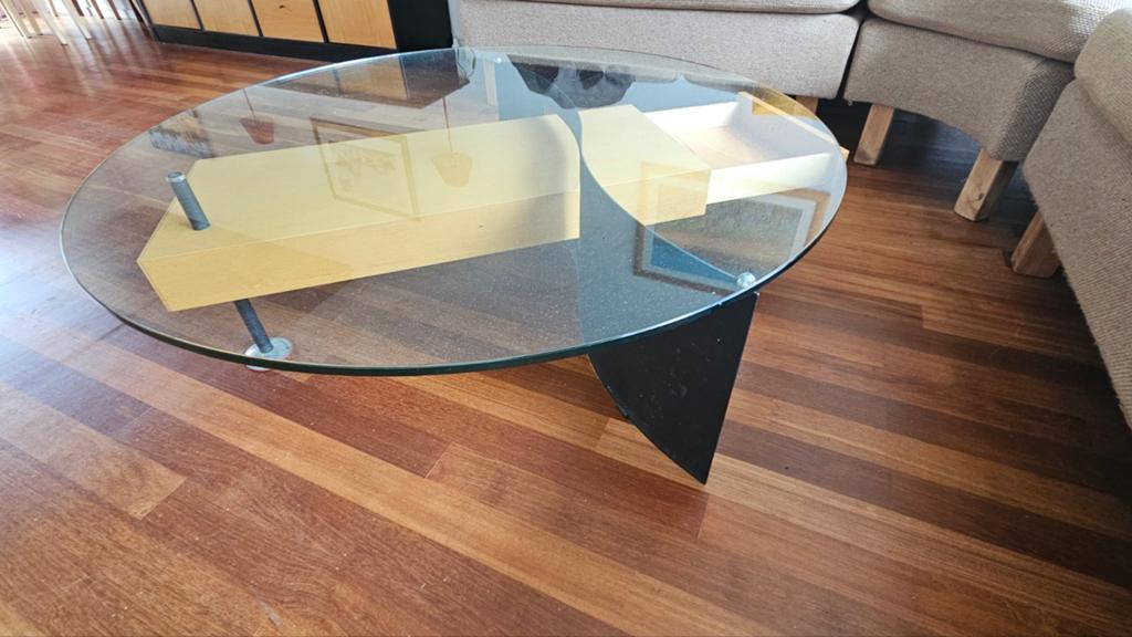 Salontafel rond met glas en hout, Huis en Inrichting, Tafels | Salontafels, Ophalen, Glas, 50 tot 100 cm, Rond