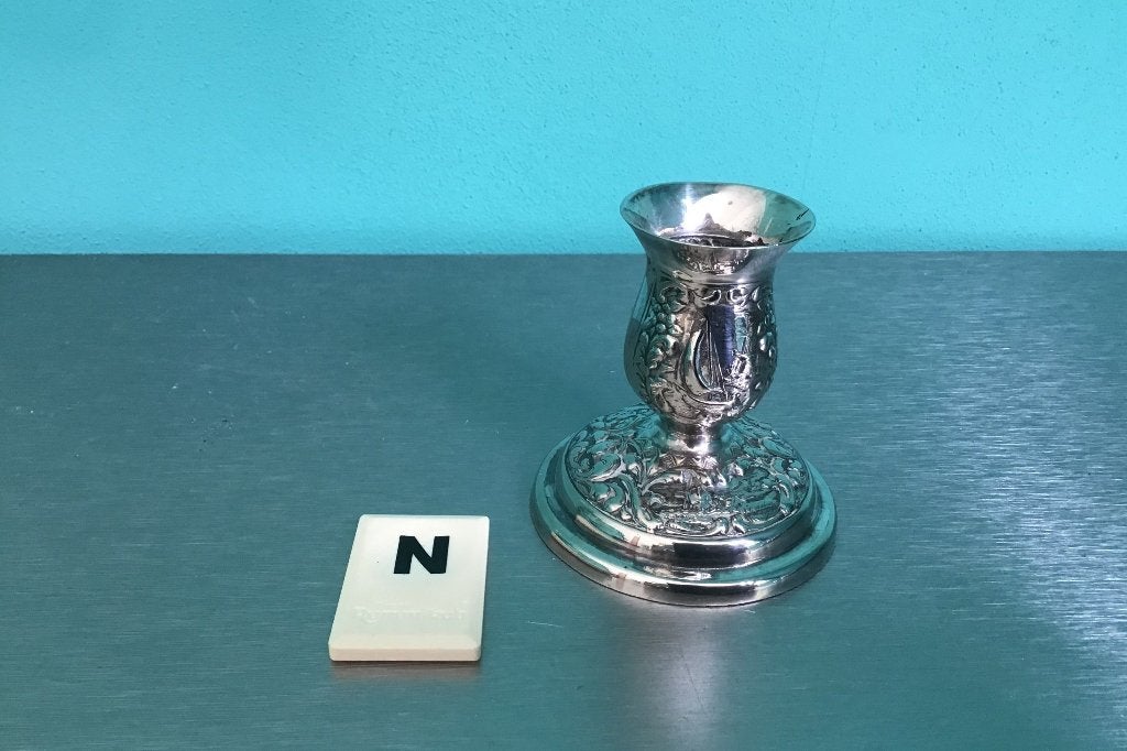Oude verzilverde kandelaar met boot en molen, Antiek en Kunst, Ophalen of Verzenden, Zilver
