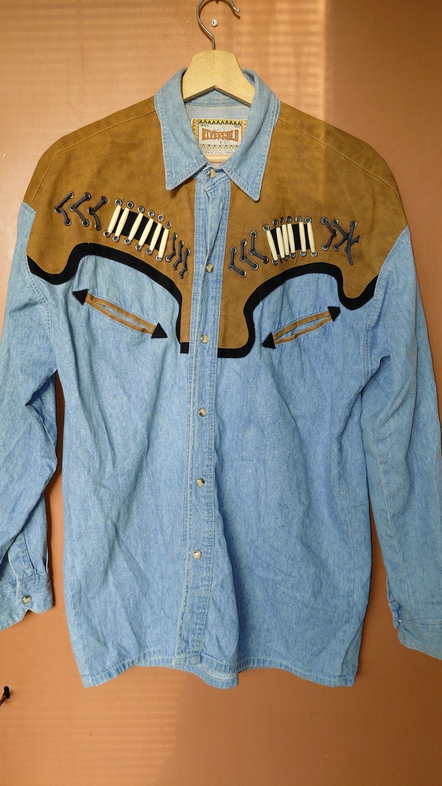Vintage Rivergold Western Denim Overhemd met Suède Details, Kleding | Heren, Ophalen of Verzenden, Zo goed als nieuw, Blauw