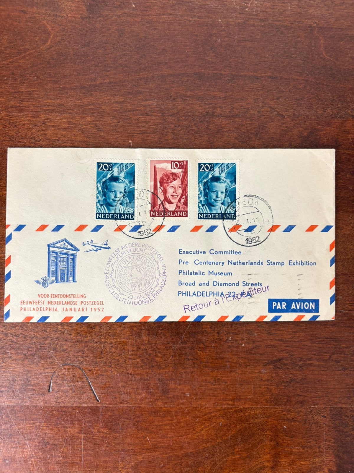Envelop met 3 postzegels eeuwfeest philadelphia 1952, Postzegels en Munten, Brieven en Enveloppen | Buitenland, Ophalen of Verzenden