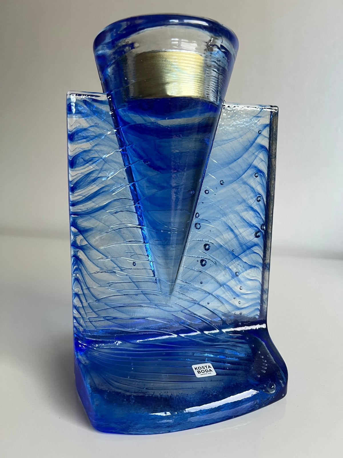 Vintage Kosta Boda ‘Ice Age’ Waxinelichthouder Blauw Engman, Kosta Boda, Waxinelichthouder, Ophalen of Verzenden, Glas