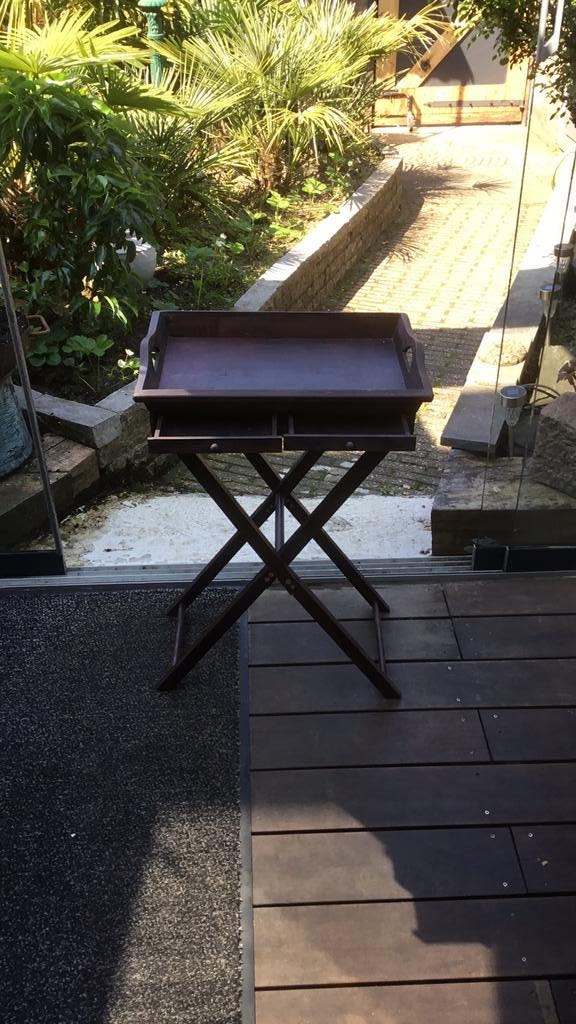 Houten opvouwbaar Butler dienblad met 2 laden, Ophalen, Zo goed als nieuw, Rechthoekig, Hout