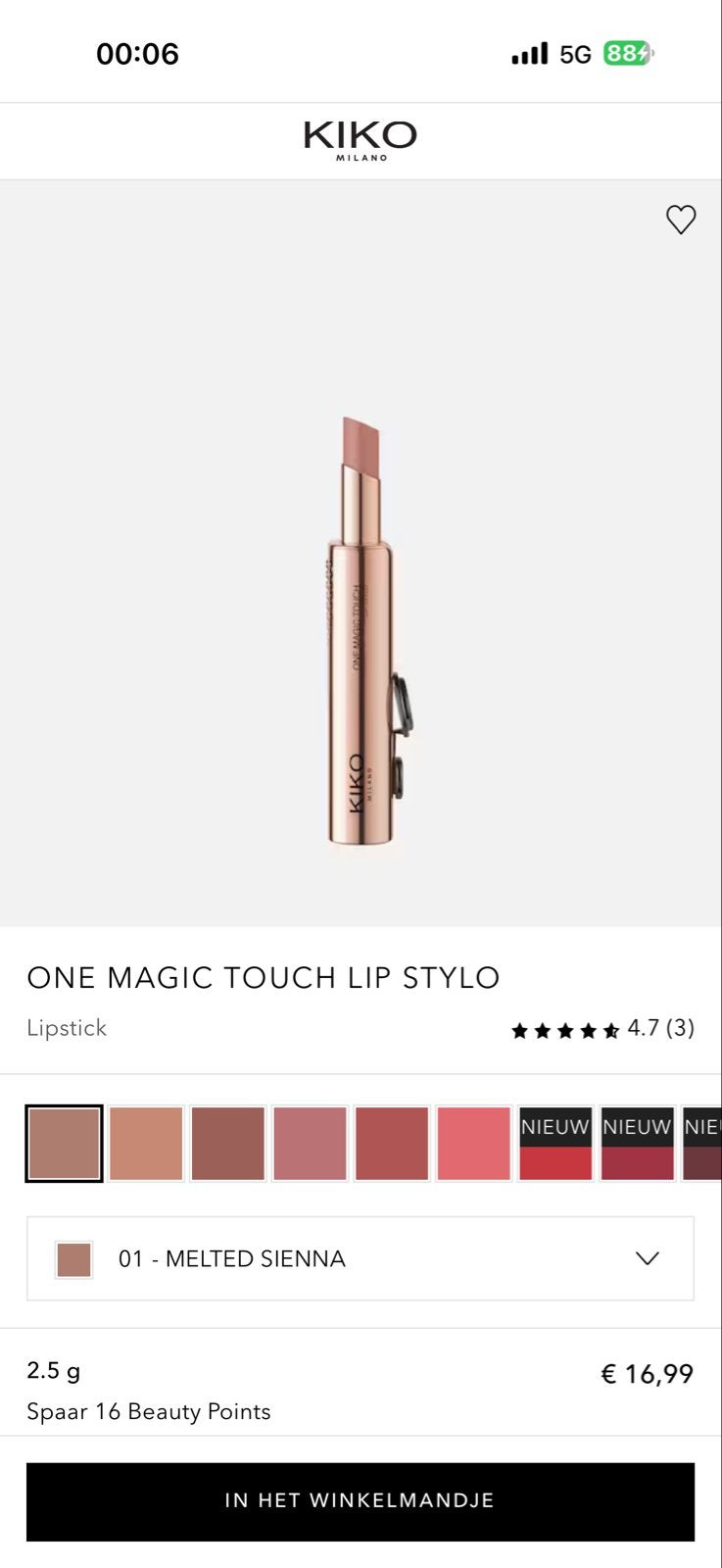 KIKO MILANO ONE MAGIC TOUCH LIP STYLO - 01 Melted Sienna, Lippen, Bruin, Nieuw, Ophalen of Verzenden