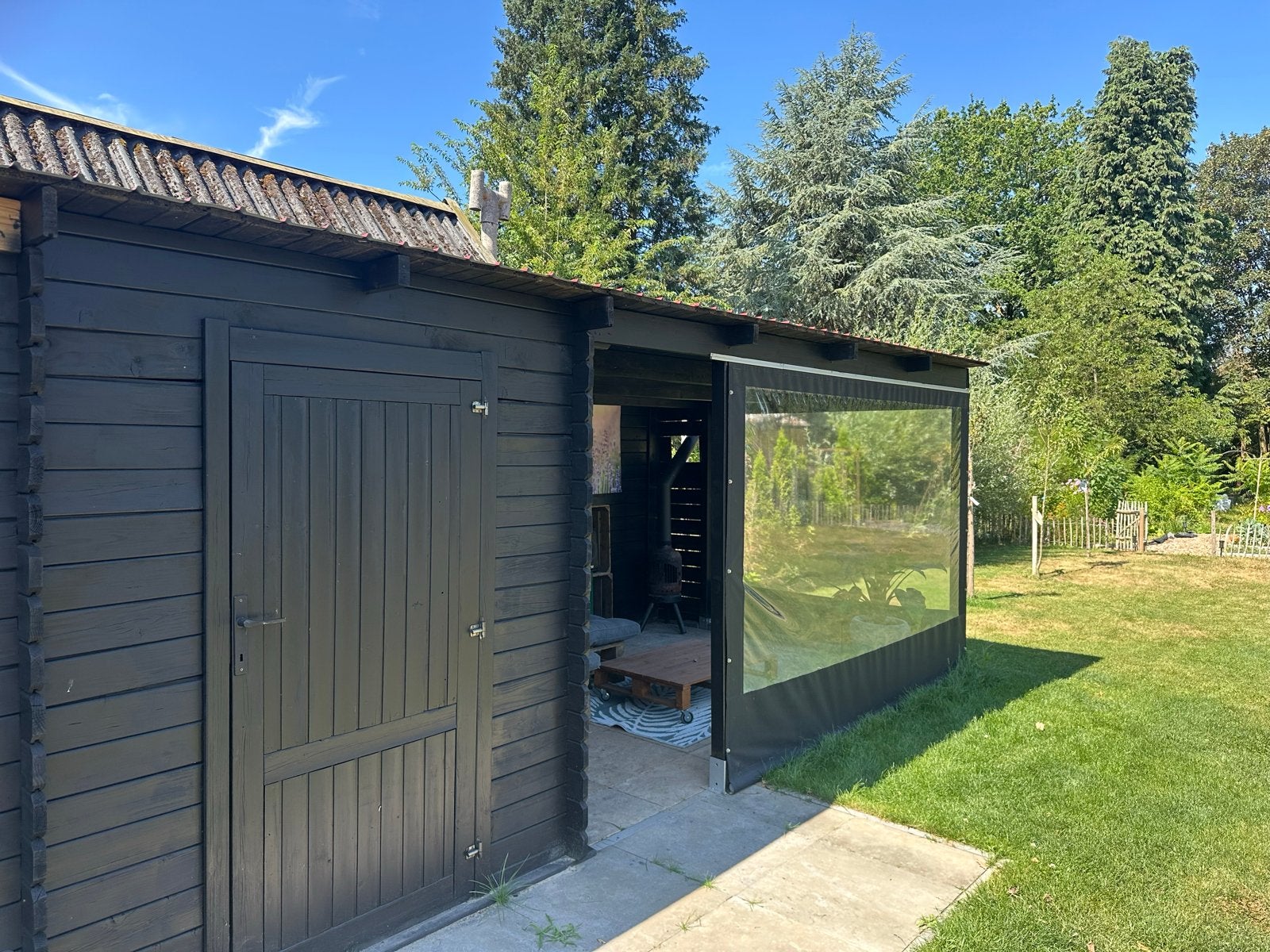 Blokhut met overkapping en schuur (6x3 meter), Tuin en Terras, Tuinhuizen, Ophalen, Blokhut, Zonder ramen, 500 cm of meer