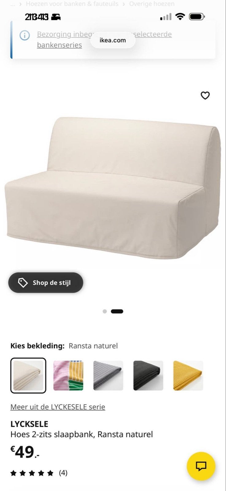 IKEA LYCKSELE Hoes 2-zits slaapbank Ransta naturel, Ophalen, Tweepersoons, Zo goed als nieuw, Rechte bank