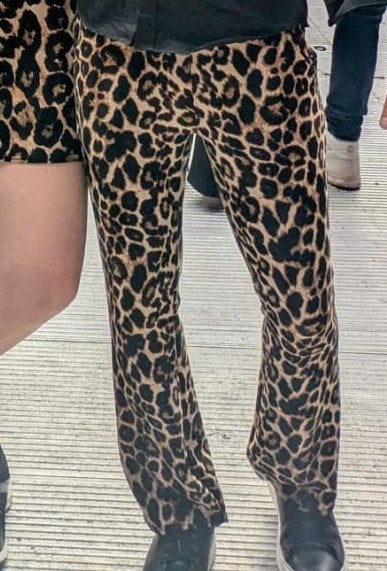 Luipaard print stretch broek flared unisex leopard, Bruin, Maat 42/44 (L), Ophalen of Verzenden, Zo goed als nieuw