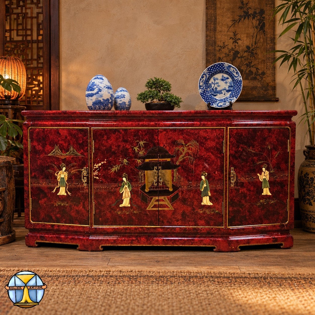 Vintage rood / gouden Chinese dressoir tradionele taferelen, Huis en Inrichting, ., 150 tot 200 cm, Met lade(s), Ophalen of Verzenden