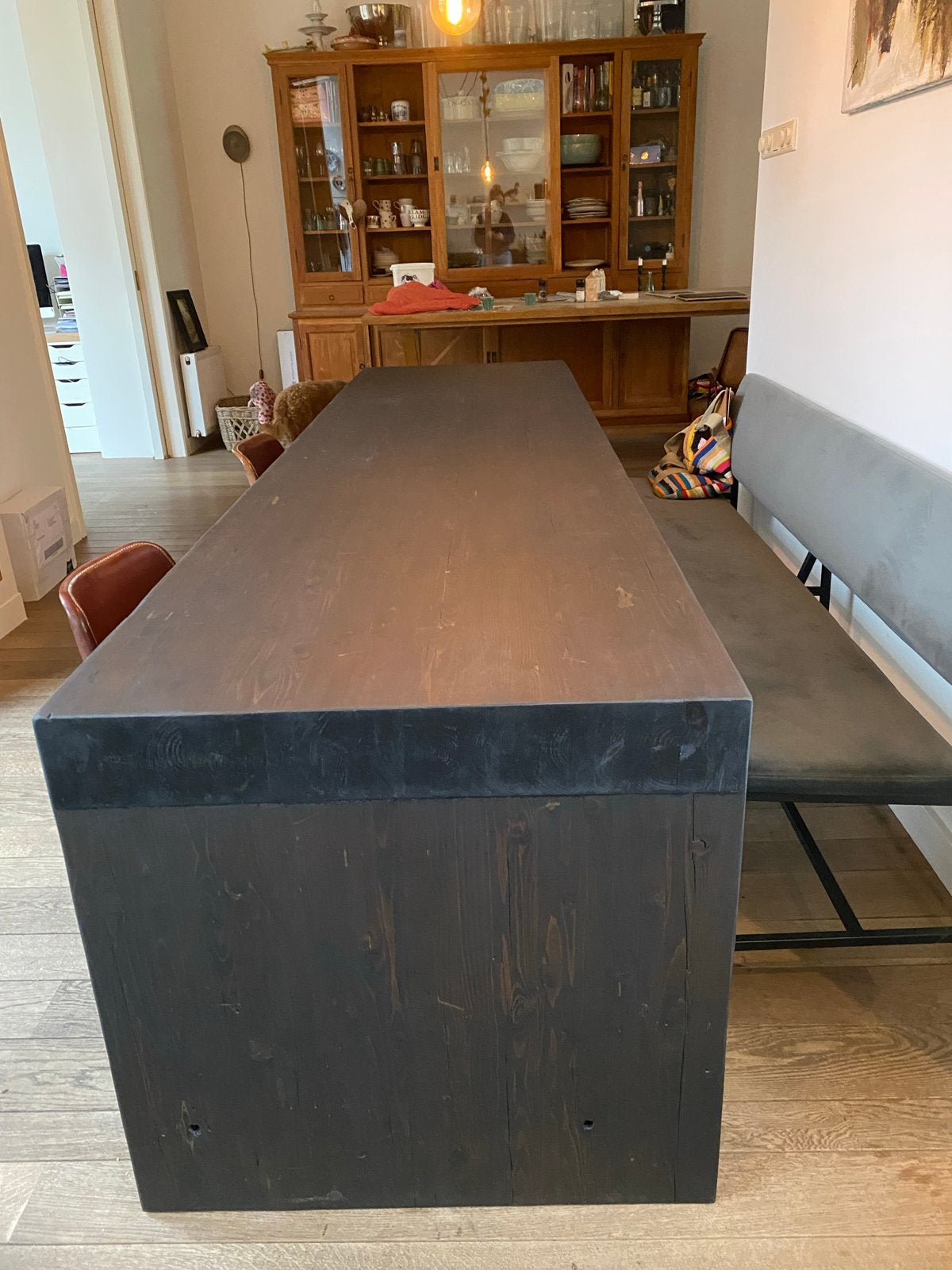 Eetkamerbank velours groen/grijs met ijzeren onderstel, Ophalen, Gebruikt, Minder dan 75 cm, 150 tot 200 cm