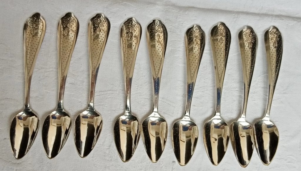 9 theelepels Schijfsma Woudsend Sneek 1848, Ophalen of Verzenden, Zilver