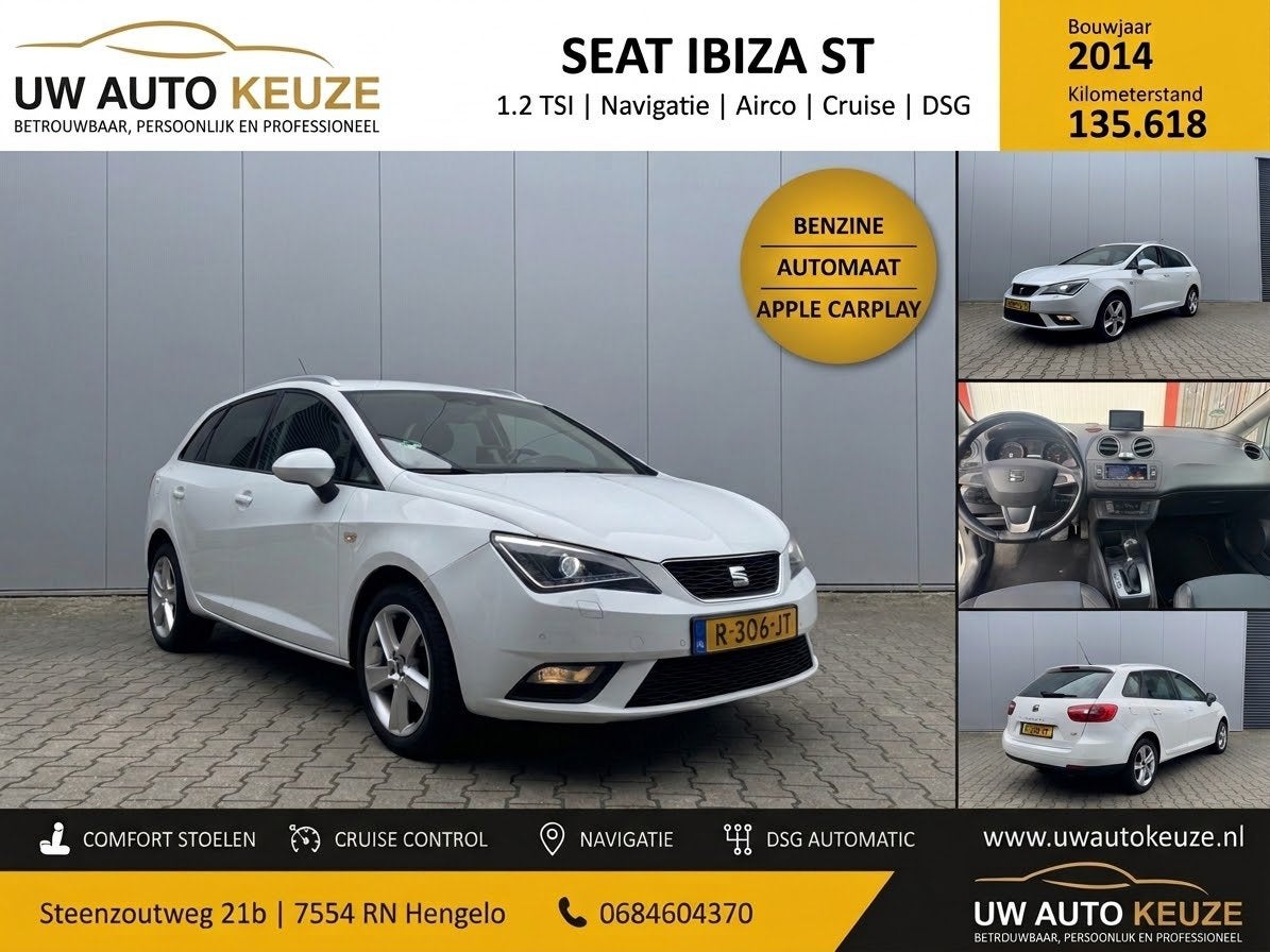 Seat Ibiza 1.2 TSI DSG 2014 carplay cruise led Wit, Auto's, Zwart, Leder en Stof, 19 km/l, 1065 kg