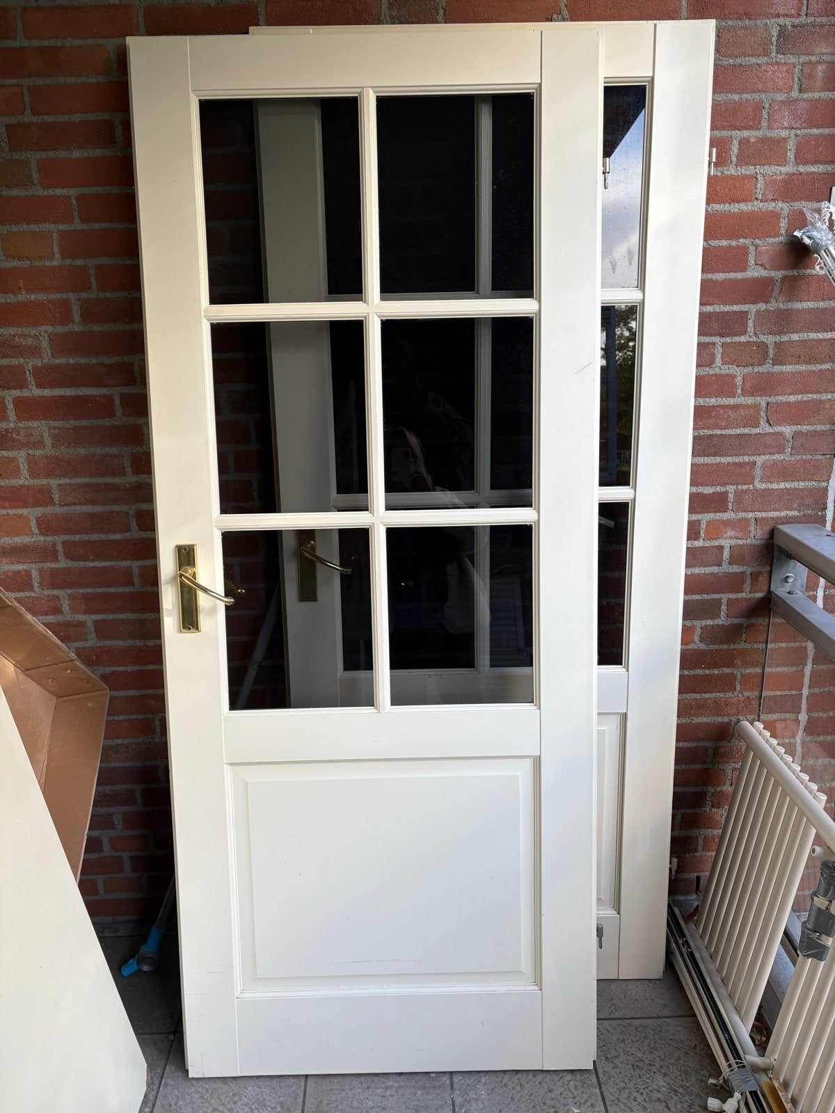 Witte Binnendeur met Glaspanelen en Messing Klink, Gebruikt, 80 tot 100 cm, Binnendeur, Ophalen of Verzenden