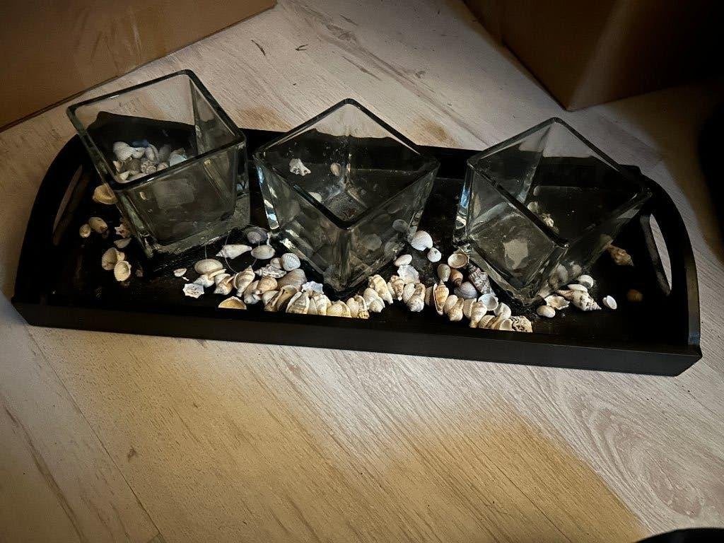 dienblad met glazen bloempotjes, Ophalen of Verzenden, Gebruikt, Rechthoekig, Hout