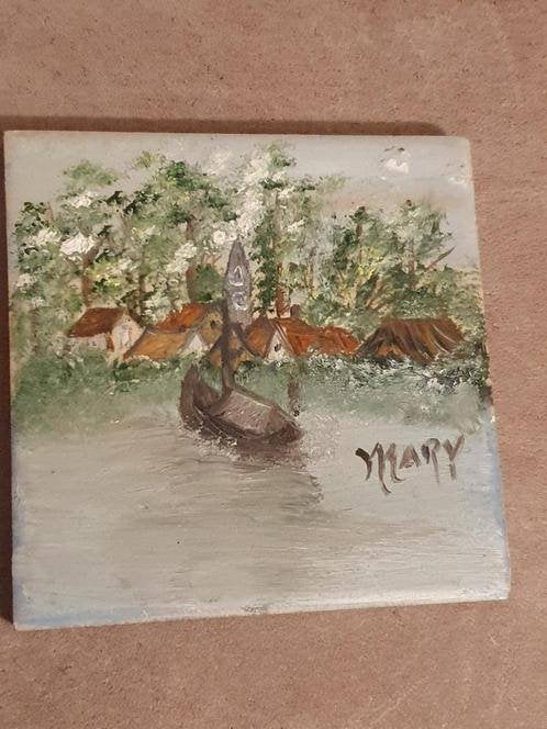 Handbeschilderd mosa tegel schip dorp mary, Antiek en Kunst, Antiek | Wandborden en Tegels, Ophalen