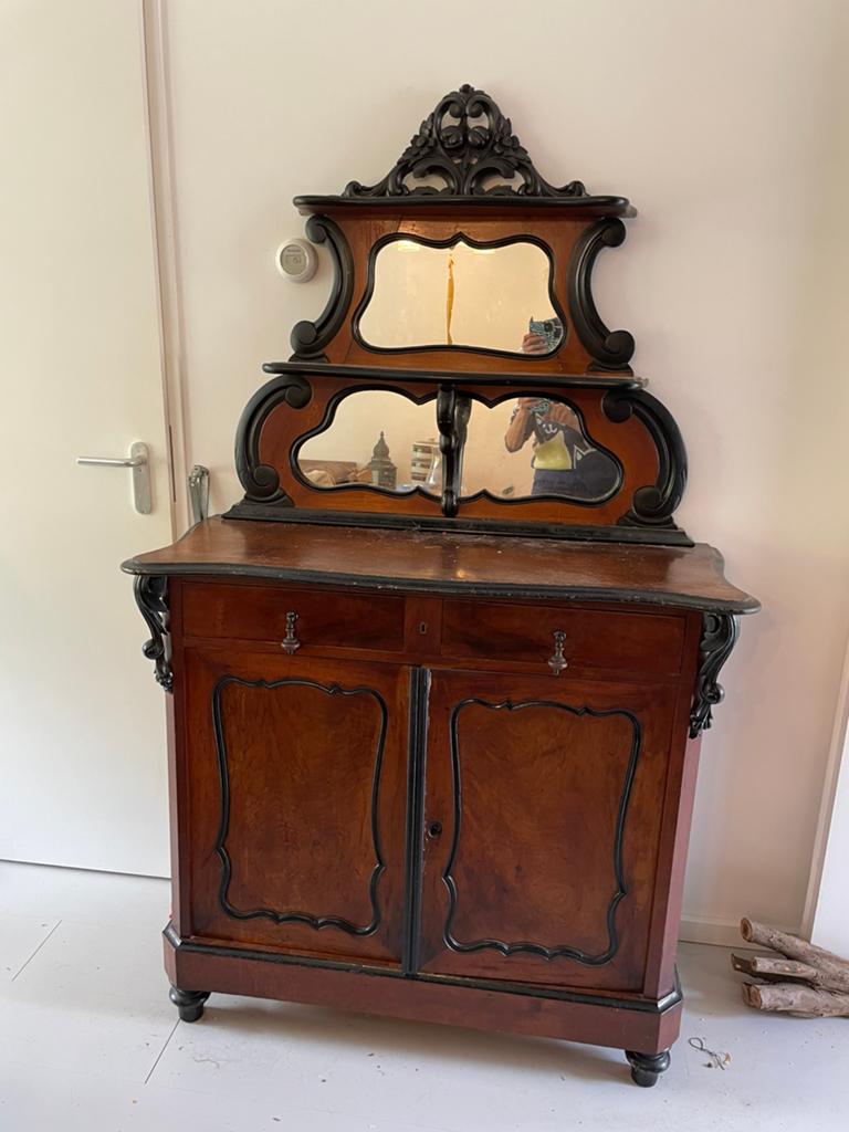 Antiek biedermeier bonheur met spiegelopbouw - mahoniehout, Antiek en Kunst, Antiek | Meubels | Kasten, Ophalen