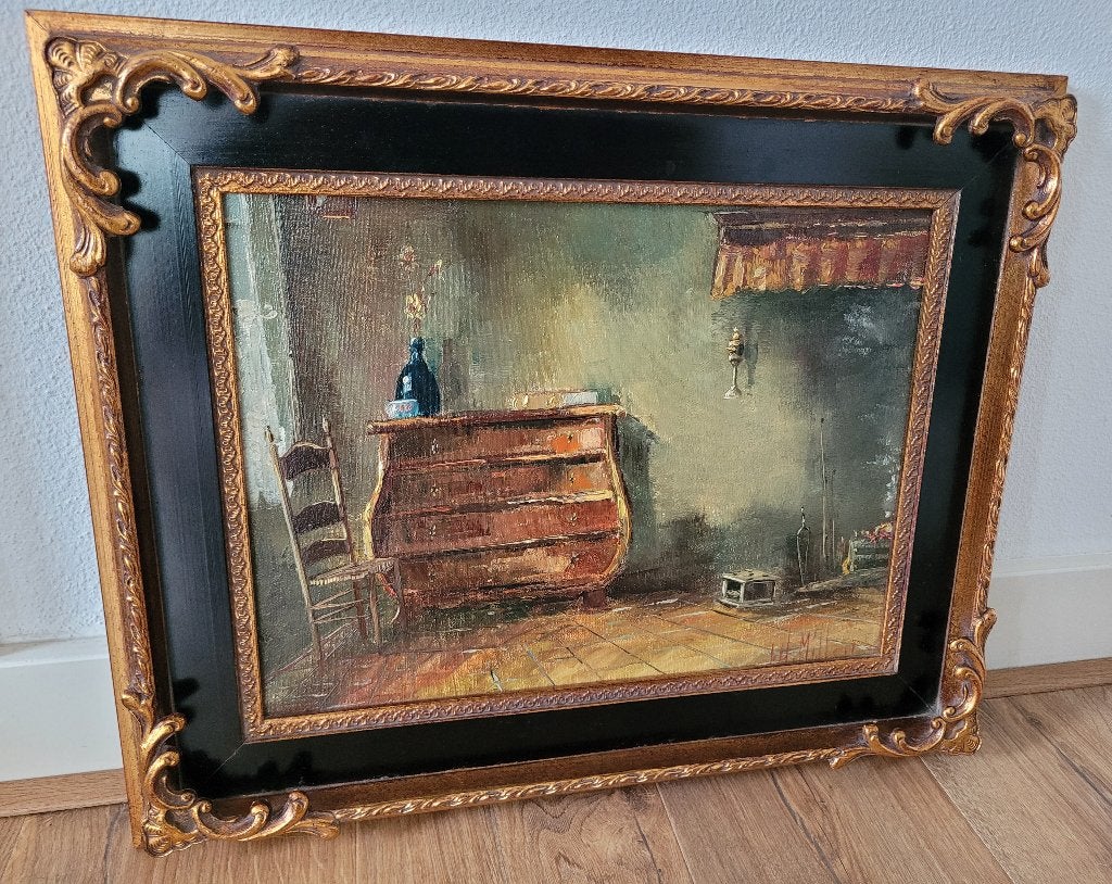 Interieur op doek gesigneerd r.o. J.H. Miller 30 x 40 cm., Doek, Ophalen of Verzenden, Bijzondere lijst, Olieverf