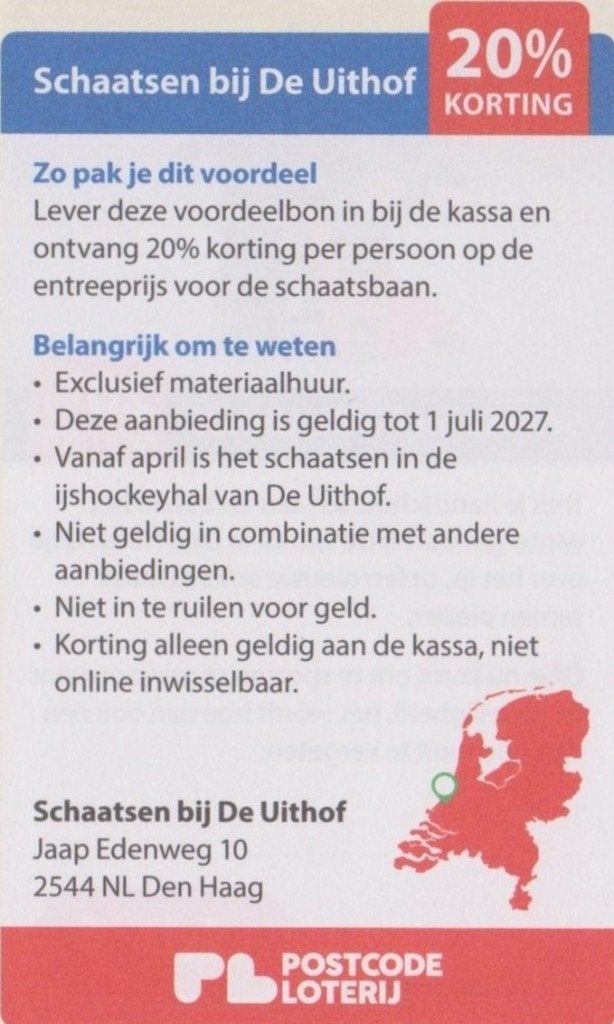 Schaatsen bij De Uithof. 20% korting op entree. Postcode bon, Tickets en Kaartjes, Drie personen of meer, Kortingskaart