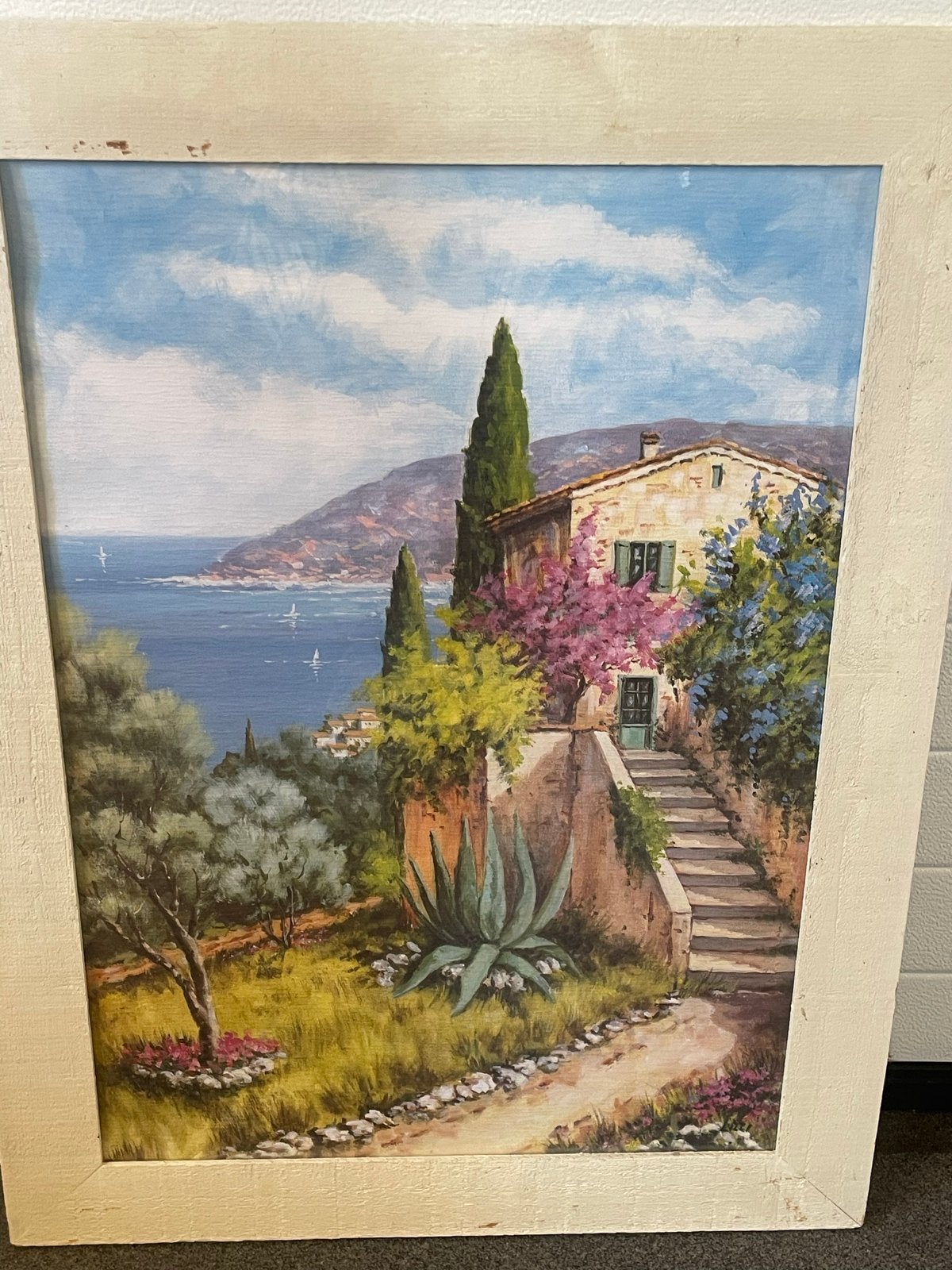 Schilderij met Mediterraans landschap en huis, Achter glas, Doek, Realistisch, Ophalen of Verzenden