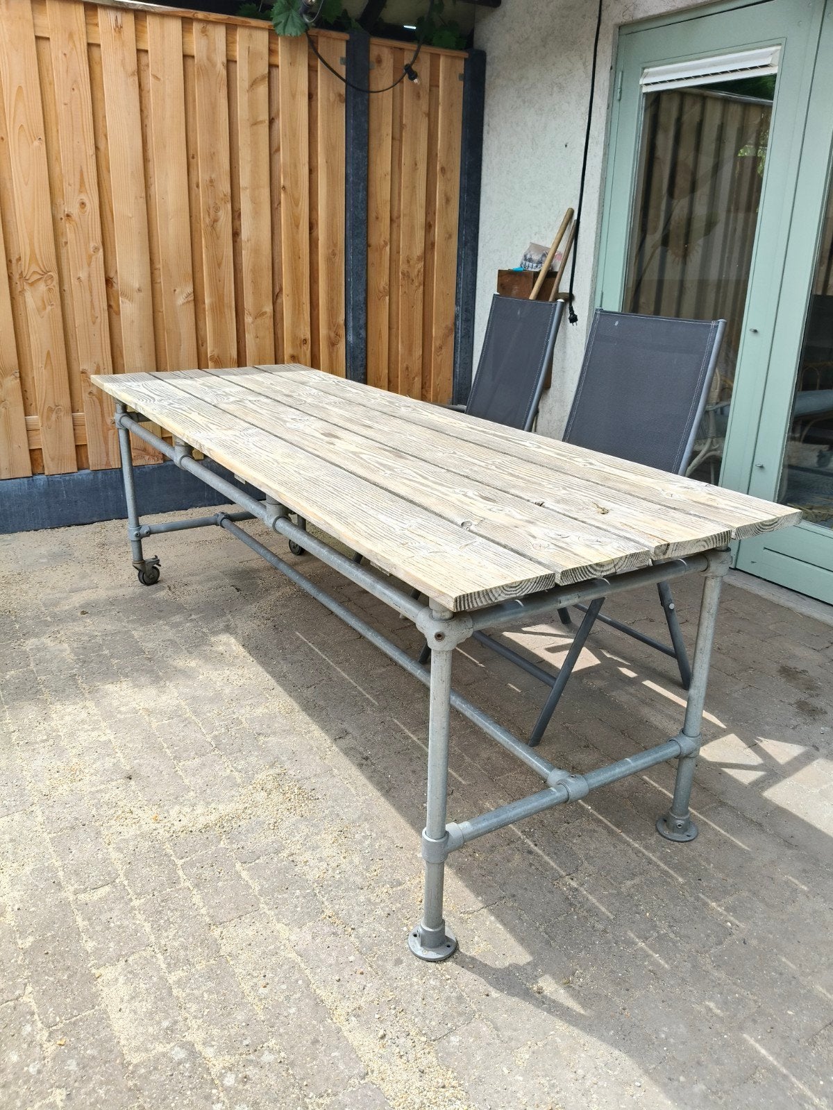 Steigerbuis tuintafel met houten blad, Tuin en Terras, Ophalen, Gebruikt, Rechthoekig, Hout