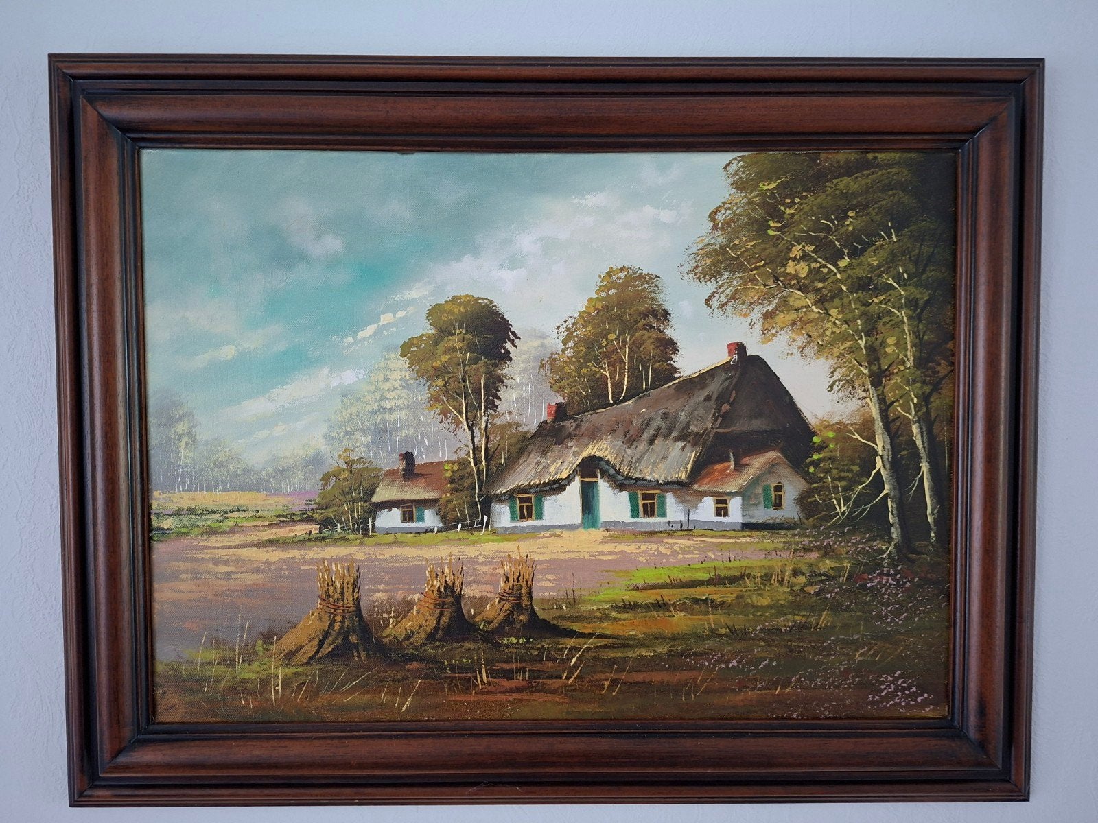 Schilderij met rietgedekte boerderij en landschap, Ophalen, Doek, Realistisch, Landschap