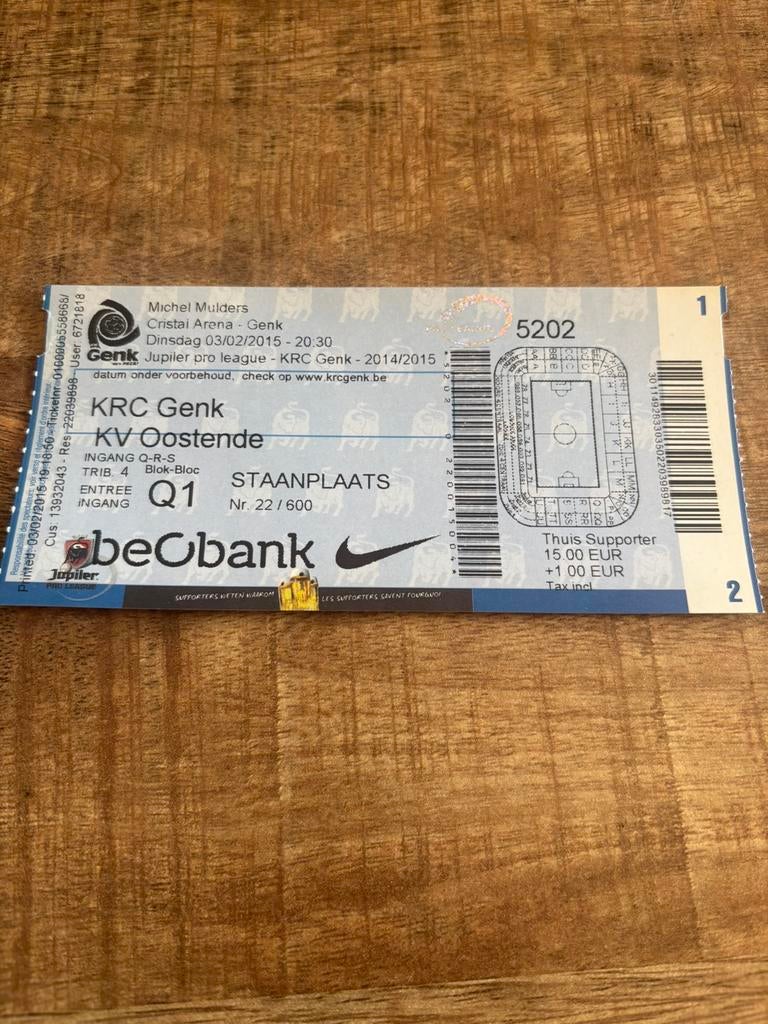 Racing Genk - KV Oostende Ticket 03-02-2015, Ophalen of Verzenden, Buitenlandse clubs, Overige typen