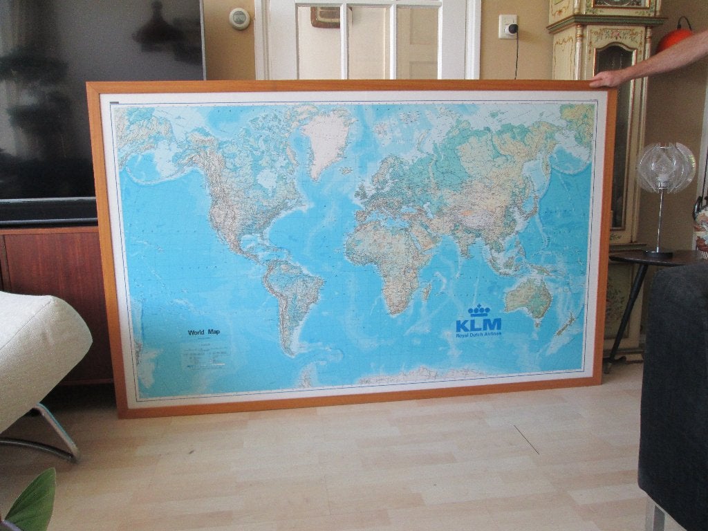 Vintage / Wereldkaart 70er jaren voor KLM /190 x 120 / Retro, Ophalen, 1800 tot 2000, Landkaart, Zo goed als nieuw