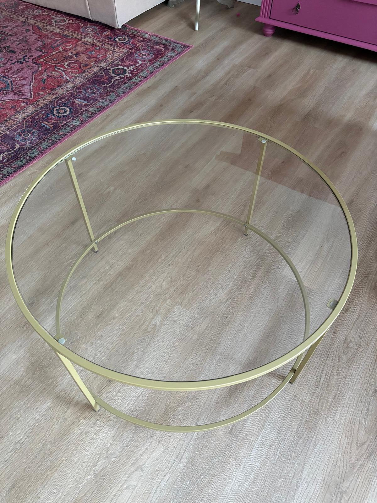 Salon tafel glas en goud metaal, Huis en Inrichting, Tafels | Salontafels, Ophalen, Gebruikt, Rond, 50 tot 100 cm