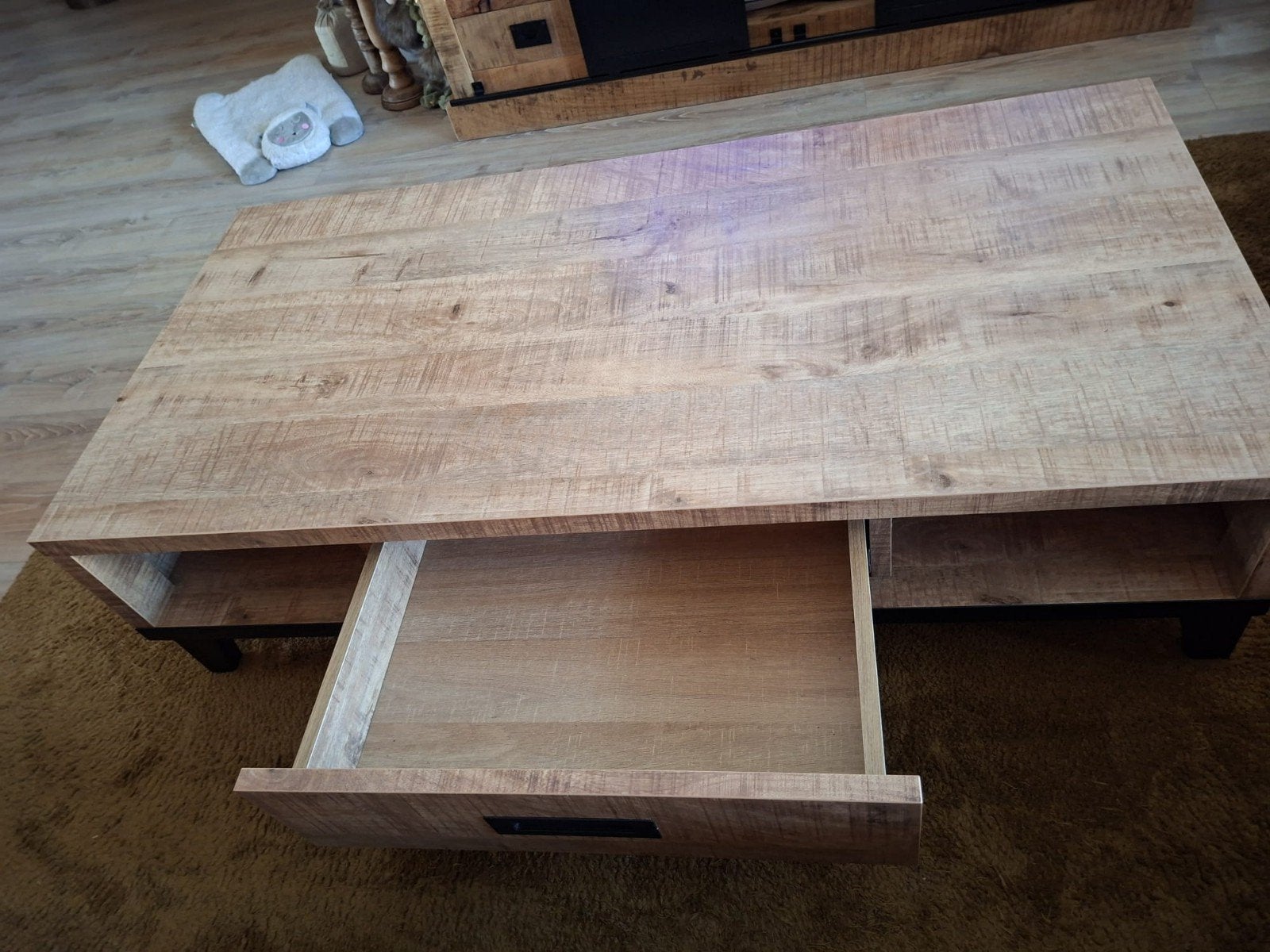 Salontafel met lade - Mangohout en Metaal, Huis en Inrichting, Gebruikt, 100 tot 150 cm, Industrieel, Modern, 50 tot 100 cm